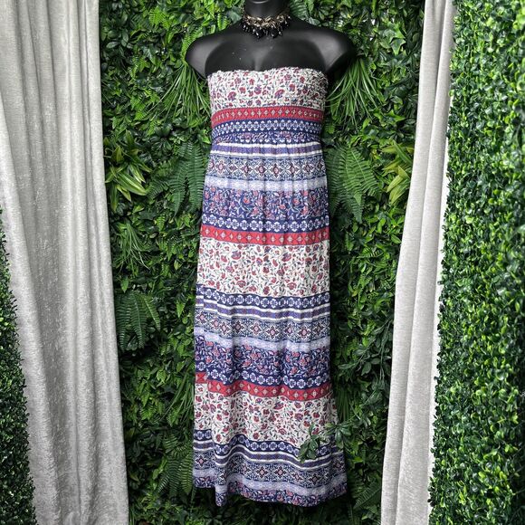 MOTHERHOOD Dress Women XL Red Blue Maternity Strapless Boho Smocked Maxi‎ 2191 - Picture 1 of 7